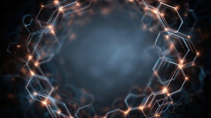 Hexagonal network formation with glowing junctions over a dark, smoky background