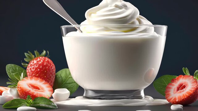 Creamy yogurt topped with fresh strawberries and mint leaves creates a delicious and inviting dessert