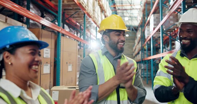 Applause, celebration and huddle with people in warehouse for logistics or supply chain motivation. Clapping, hand stack and success with courier group in factory or plant for delivery team building