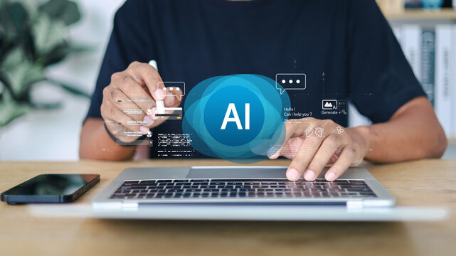 Person using laptop with AI chatbot and digital assistant icons overlay. Concept of artificial intelligence, workplace automation, innovation, customer service, and technology.