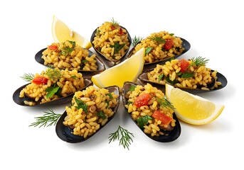 midye dolma street food of Turkey, stuffed mussels, on white background, turkish gourmet