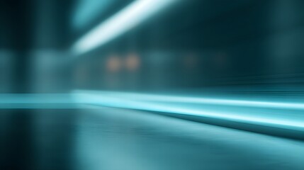 Luxury automotive lounge blurred minimal bar with neon cyan reflections