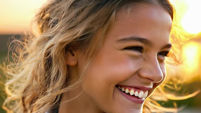 Bright smile of a young girl against a natural sunset horizon in a field during golden hour