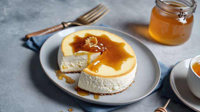 Delicious cheesecake with honey drizzle served on a plate during afternoon tea