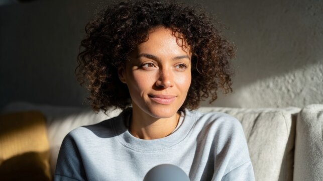 Woman sitting indoors, smiling at camera.