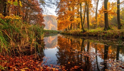 Obraz premium Autumn Landscape with Vibrant Trees Reflecting in Calm River and Leaf Covered Ground in Golden Hour Light Tranquil Nature Scene