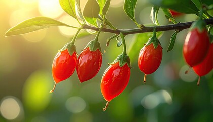 Bright Red Goji Berries on Branch Against Soft Green Background in Sunlight