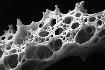 Captivating white organic porous structure showcasing a complex cellular network against a deep black background for scientific and modern themes.
