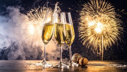 Sparkling New Year background. Champagne Explosion With Toast Of Flutes