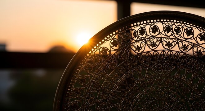 Golden Hour Sunlight Glinting Through Ornate Metalwork Against a Blurred Outdoor Background - Powered by Adobe