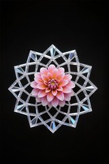 A surreal, simple 3d artwork of Dahlia flower in diamond crystal mandala style, black background