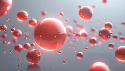 Abstract background of numerous shiny, luminescent red or coral-colored orbs or spheres floating and reflecting light on a subtle twilight gray background. Concept for science, medicine, plasma