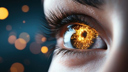 Cybernetic Eye Close up of a human eye with robotic implants and glowing circuitry, futuristic cyborg concept