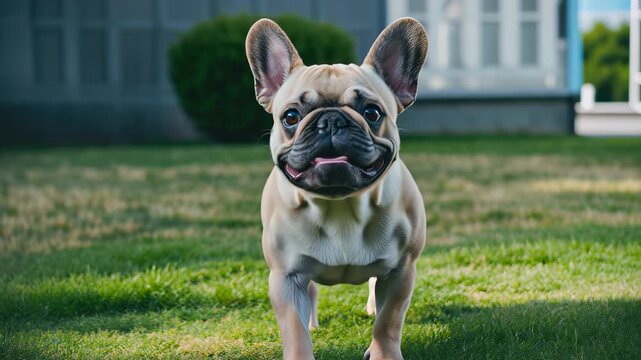Happy French bulldog with a big smile enjoying the sunny day in a garden