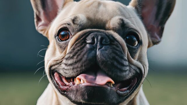 Happy French bulldog with a big smile enjoying the sunny day in a garden