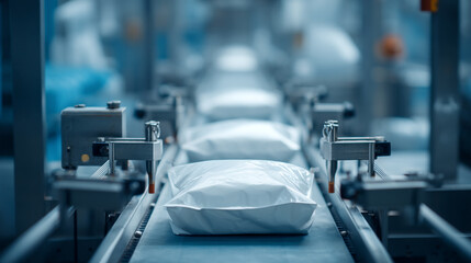 Fototapeta premium White packages moving along a conveyor belt in a clean and automated industrial setting