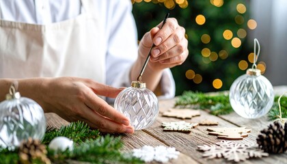 woman hands decorating glass christmas tree ball, handmade glass ball decoration