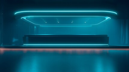 Luxury automotive lounge blurred minimal bar with neon cyan reflections