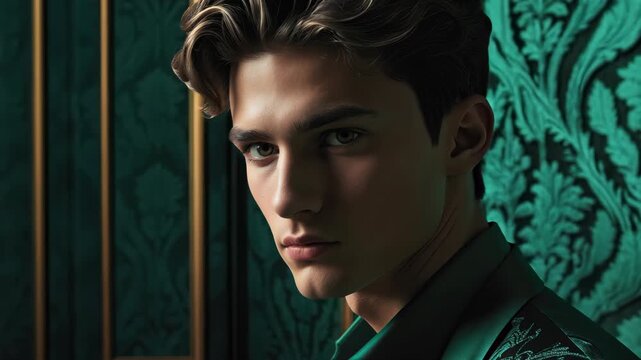 Stylish young man poses in an ornate green jacket against a plush green patterned background