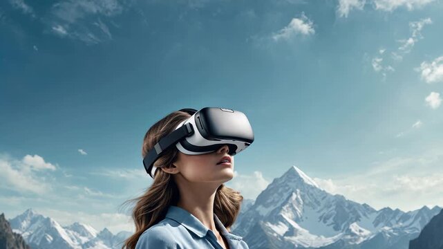 Woman experiences virtual reality in mountainous landscape during sunny day