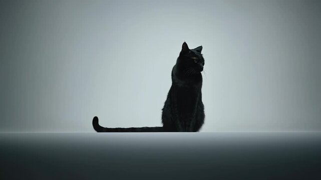 Black cat sits gracefully against a light backdrop, showcasing its sleek fur and curious demeanor in a calm indoor setting