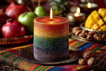 Vibrant Rainbow Candle with Fruits and Nuts for a Festive Celebration Atmosphere