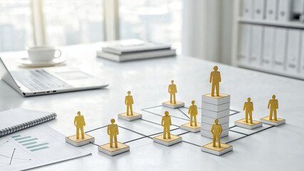 business concept of corporate hierarchy and human resources management with miniature golden figures representing organizational chart teamwork and leadership strategy