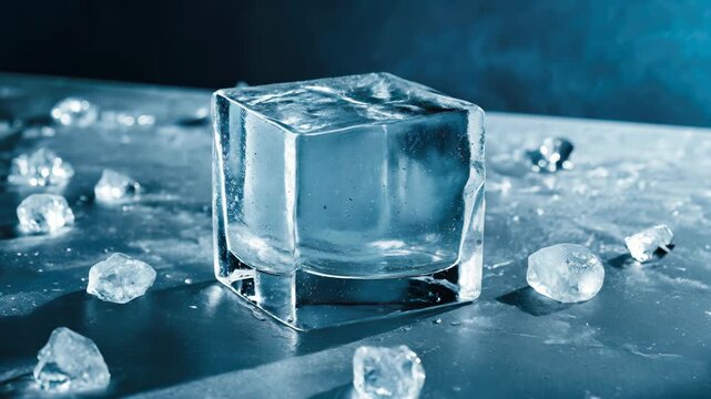 Clear ice cube stands on a smooth surface illuminated by soft blue light, surrounded by smaller ice fragments