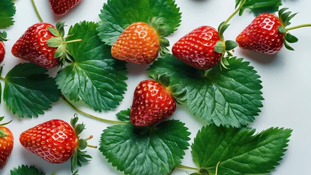 Fresh strawberries and green leaves arranged on a plain background creating a vibrant and inviting display