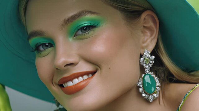 Model showcases vibrant makeup and fashion at a summer outdoor event, emphasizing bright colors and bold accessories
