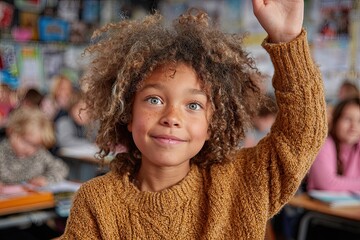 An elementary school student raises her hand ready to answer her teacher's questions in class