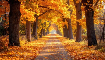 Obraz premium Autumn Pathway with Golden Leaves and Sunlight Filtering Through Trees