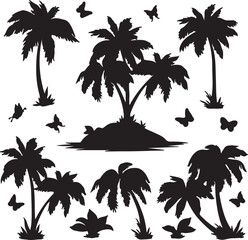 Tropical island, palms and butterflies silhouettes. Tropical set: sea island with plants, palm trees, flowers and butterflies, black silhouettes isolated on white background. Vector
