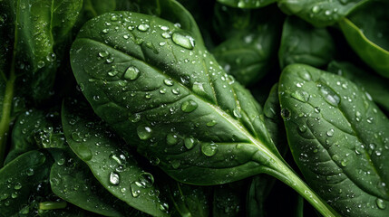 Fototapeta premium A close up view of fresh green spinach leaves covered with water droplets in dark setting