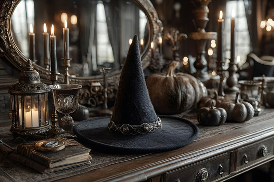 Enchanting Halloween Witch Decor with Pumpkins and Candles for Spooky Season