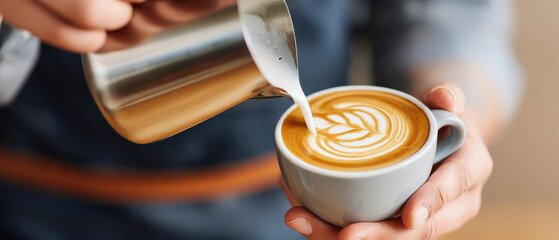 Barista hand pours steamed milk into coffee cup creating beautiful latte art pattern in cozy cafe setting with warm light and inviting atmosphere