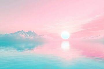 Pastel sunset seascape, mountain peaks, calm, mirrored water