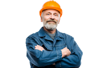 A smiling middle-aged man in blue workwear and an orange helmet, with his arms crossed, isolated on a transparent background. png file.