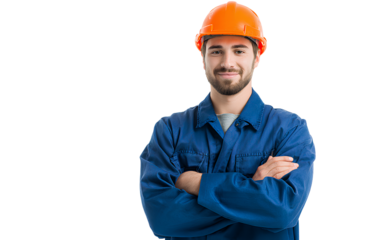 A smiling middle-aged man in blue workwear and an orange helmet, with his arms crossed, isolated on a transparent background. png file.