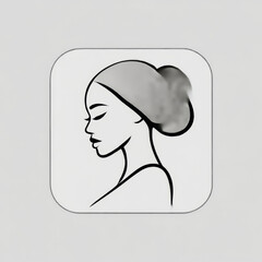 Woman profile icon, serene line art style, representing beauty and elegance, in app frame on light gray background with copy space