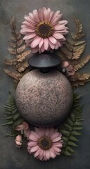 Stone, flower & fern stack, organic symmetry on textured ground