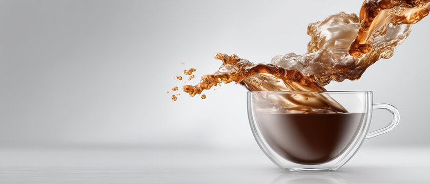 Coffee splash in clear glass cup with dynamic motion and brown liquid against light background creates energetic and fresh morning vibe perfect for cafe or kitchen decor