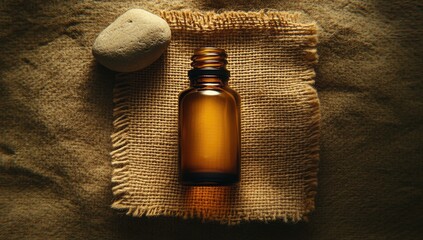 Amber bottle and stone on burlap, soft light