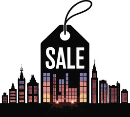 A Black Sale Tag Over a City Skyline with Lit Windows for Black Friday, 2025