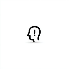 Human head with exclamation mark icon, outline 3D style, representing alert and insight, in black on white background with copy space