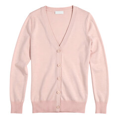 Soft pink cardigan isolated against a solid black background, offering a clean and simple visual representation of a classic garment.