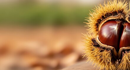 Close up of a ripe chestnut in its spiky husk.