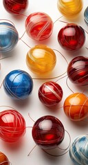 Shiny, colorful orbs connected by string on a white surface