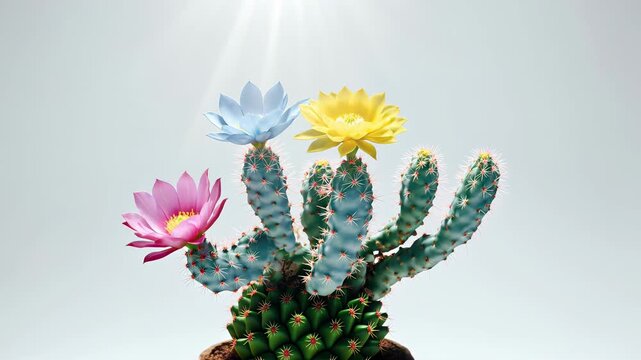 Colorful paper flowers bloom on a vibrant cactus in a minimalist studio setting