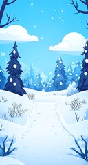 Snowy path through forest. Sky blue and white. Art style